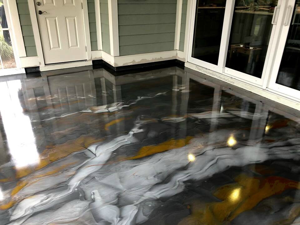 Fargeeksempel på metallic epoxy i svart, perlehvitt og gull